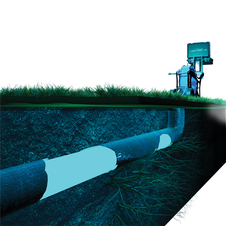 3D rendering of broken pipe underground with areas being lined highlighted in blue
