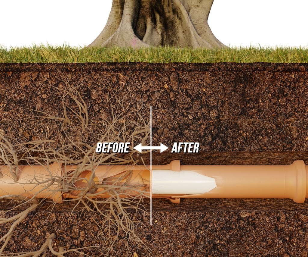 Pipe diagram showing before with tree roots and damage to pipe and after with fully filled holes