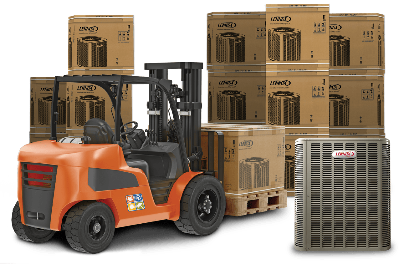 Four Seasons Warehouse Forklift and Boxes with HVAC Units in Them