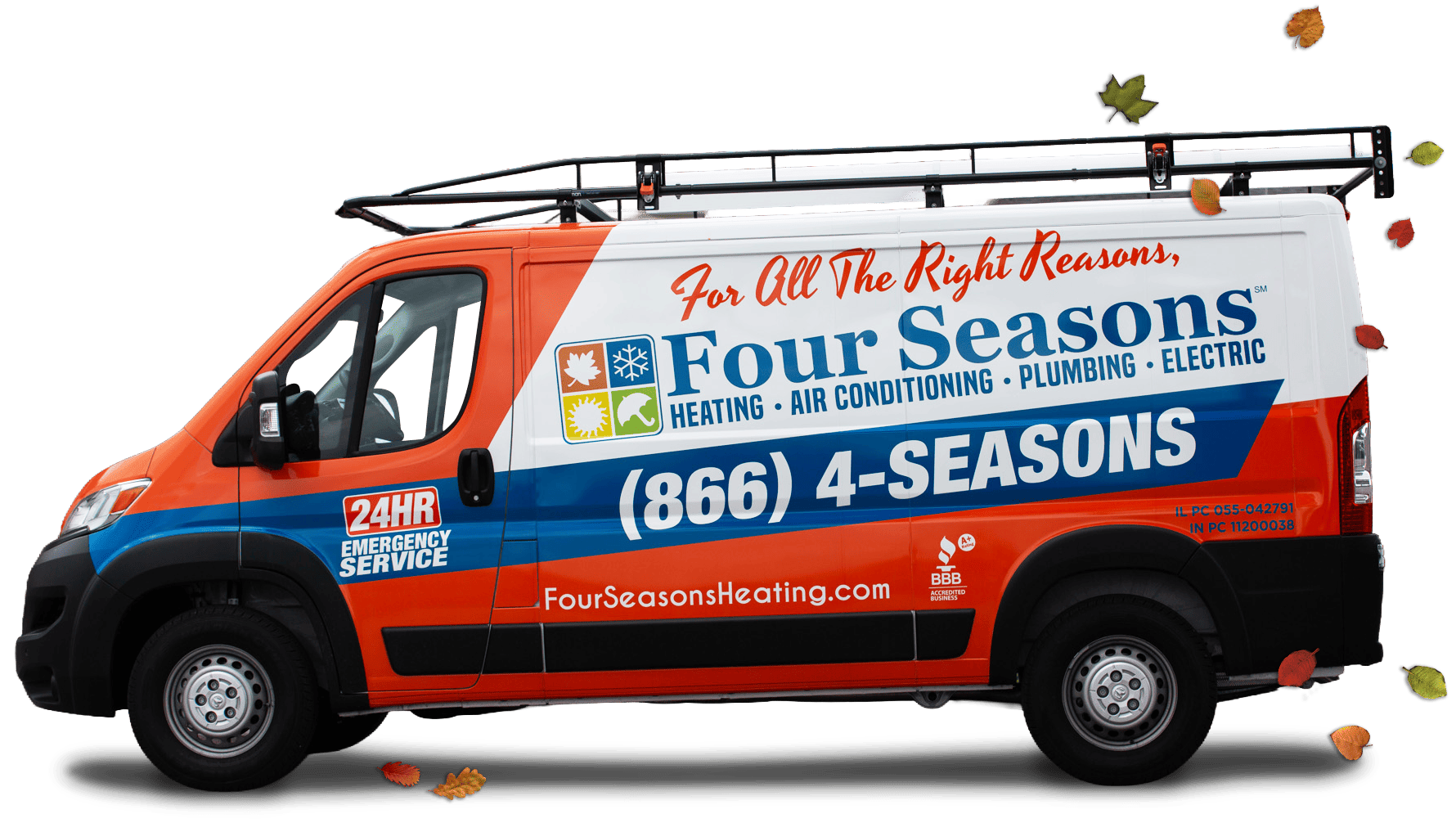 Four Seasons work van with autumn leaves falling around it